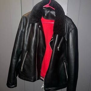 Zara Black Faux Leather Jacket with Red Lining Size Large